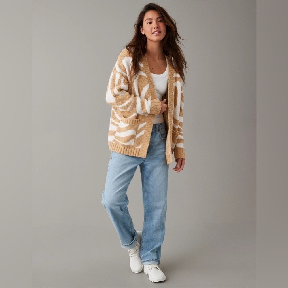 American Eagle Outfitters Tan/White Chenille Open Sweater Cardigan